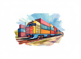 Aufkleber - A vibrant watercolor-style illustration depicts a freight train carrying colorful cargo containers, speeding across railway tracks towards a city skyline.  The dynamic composition suggests swift trans