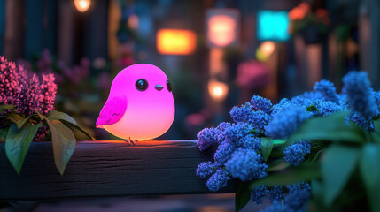 Poster - Juxtaposition, A glowing pastel robotic bird perched on natural scenery, showcasing vibrant colors and high fidelity detail in a digital artwork.