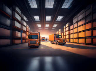 Poster - Large warehouse interior with two orange semi-trucks parked between high stacks of cargo.  Sunlight streams through high windows, illuminating dust motes.