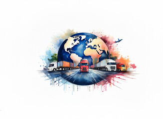 Poster - A watercolor-style illustration depicts global logistics, showcasing trucks on a highway encircling the Earth, symbolizing international trade and transportation.  An airplane adds to the global reach