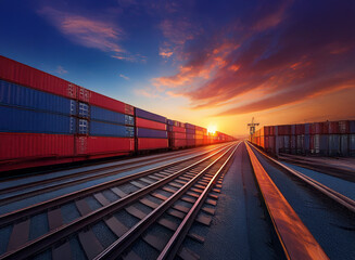 Aufkleber - Vibrant sunset over railway tracks lined with colorful cargo containers, showcasing global trade and logistics.  A scene of industrial transportation and distribution.