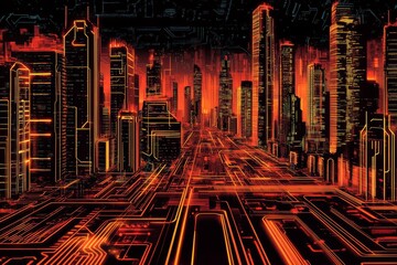 Poster - Futuristic city skyline at night with glowing circuit board streets.