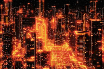 Poster - Futuristic city glowing orange at night.
