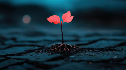 Poster - Juxtaposition, A vibrant, glowing pastel tree emerges from a cracked surface, showcasing the contrast between nature and decay in a high-fidelity image.