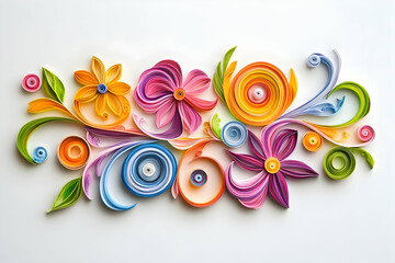 Poster - A beautiful paper quilling design featuring swirling colors and shapes - pink, purple, orange, yellow, green, and blue - on a white background