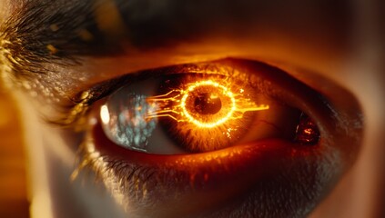 Poster - Close-up of a human eye with fiery, glowing, digital circuitry in the iris.