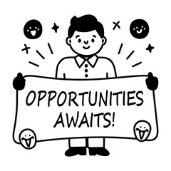 Sticker - A glyph sticker of a person holding a sign that says opportunities awaits 