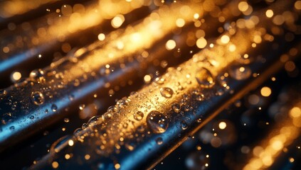 Aufkleber - Close-up of wet metallic grill bars with warm light and water droplets.