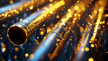 Poster - Glowing metallic pipes dripping liquid with bokeh.