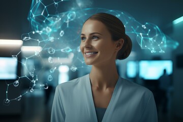 Poster - Female scientist interacting with a futuristic hologram interface, showcasing innovation and technological advancement in a modern laboratory setting