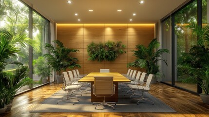 Wall Mural - Modern office meeting room, wood paneling, lush greenery, sunny.