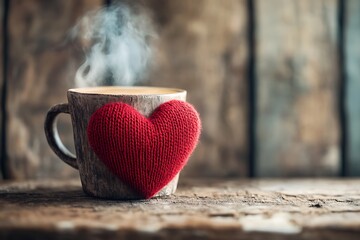 Wall Mural - Close-up of a red heart coffee cup sleeve on a rustic caf?(C) table, capturing the steam rising from a fresh brew.