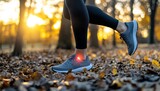 Woman runner with ankle pain in autumn park during sunset.