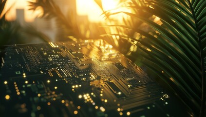 Poster - Futuristic circuit board in tropical sunset.