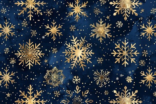 Golden snowflakes are shown in close-up on a blue background that is studio-clean, with enough of room for writing or a backdrop, Generative AI.