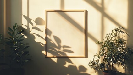 Poster - Blank frame mockup on wall with plants and sunlight shadows.