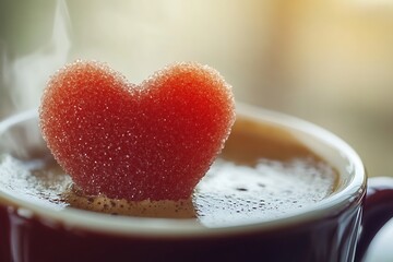 Wall Mural - Detailed shot of a red heart shaped sugar cube melting into a hot coffee, capturing the sweet dissolve.