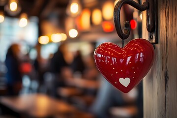 Wall Mural - Detailed shot of a red heart coffee cup hanging on a hook in a caf?(C), with the morning rush blurred in the background.