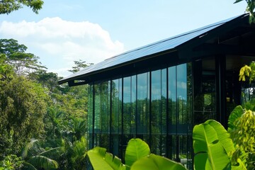 Fototapete - Modern glass house nestled in lush tropical foliage, showcasing sustainable solar panels.