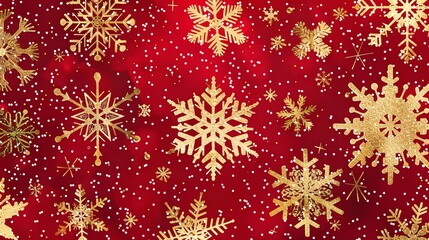 Aufkleber - Golden snowflakes are shown in close-up on a crimson background that is studio-clean, with enough of room for writing or a backdrop, Generative AI.
