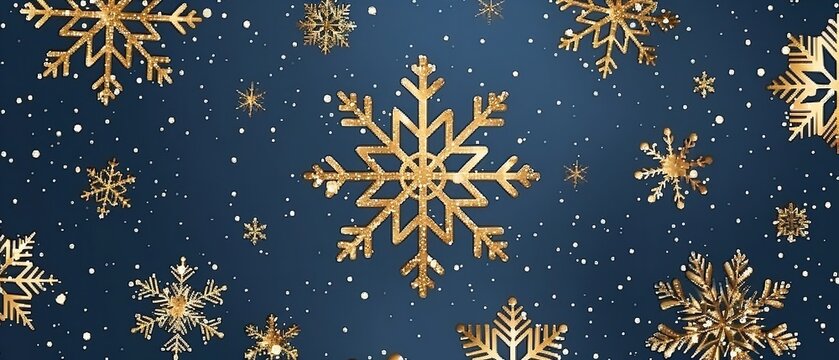 Golden snowflakes are shown in close-up on a blue background that is studio-clean, with enough of room for writing or a backdrop, Generative AI.