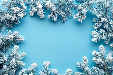 Poster - A close-up view of an arrangement made of white fir branches on a blue backdrop with plenty of content room for text or backdrop usage, Generative AI
