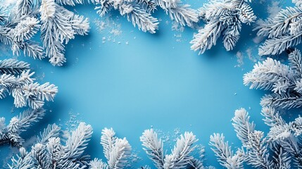 Poster - A close-up view of an arrangement made of white fir branches on a blue backdrop with plenty of content room for text or backdrop usage, Generative AI