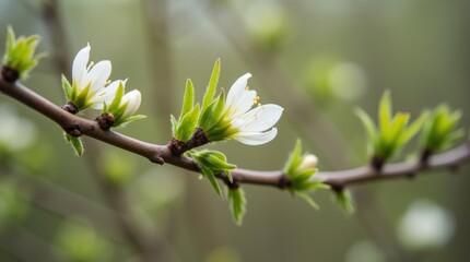 Wall Mural - budding tree branches with fresh green leaves and delicate blossoms