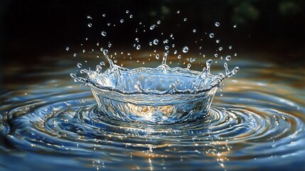 Wall Mural - Water droplet impact, ripples, dark background, nature scene, perfect for screensavers