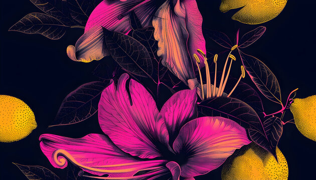 Illustration - Vibrant Pink Flowers and Yellow Citrus Fruits on Dark Background