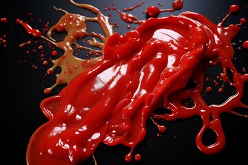 Poster - Streams of red and beige paint dynamically colliding and splashing on a black background, creating an abstract and artistic visual