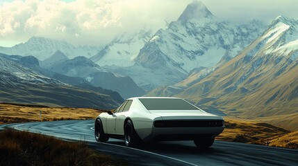 Canvas Print - Classic car driving on mountain road.