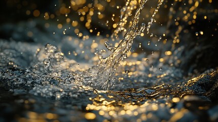 Wall Mural - Water splash, sunset, nature, river, bokeh background, for website banners