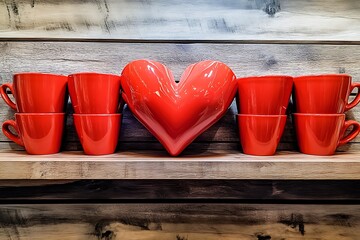 Wall Mural - High-definition image of a red heart made from arranging red coffee mugs on a caf?(C) shelf, viewed from a creative angle.