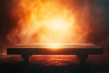 Wall Mural - Good Friday Concept: Wooden table with spiritual light from the mountain sunrise texture background 