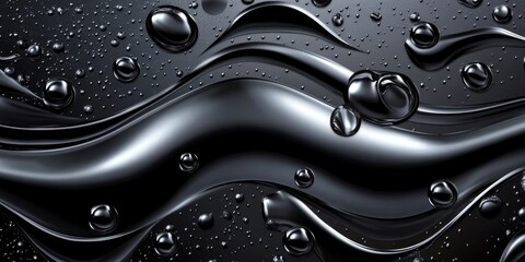 Poster - Abstract black liquid with flowing waves and water droplets.