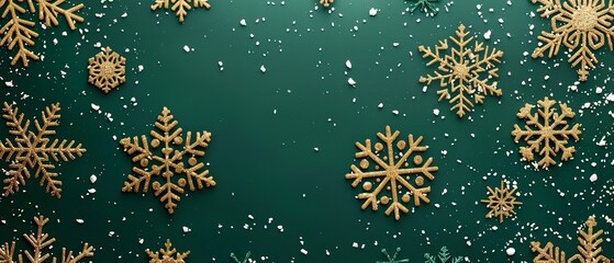 Aufkleber - Golden snowflakes are shown in close-up on a green background that is studio-clean with enough of room for writing or a backdrop, Generative AI.