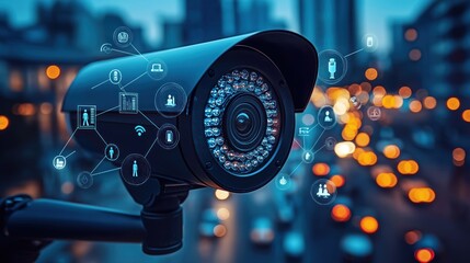 Poster - modern security camera network system in urban environment. camera records activity. connected to ne