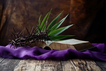 Wall Mural - Holy Bible with palm leaf, crown of thorns and purple fabric on wooden background. Good Friday concept 