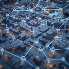 Poster - Urban network of digital connections depicted through illuminated lines and structures at night