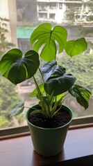 Wall Mural - a potted monstera obliqua plant by the window in minimalist style of indoor plants