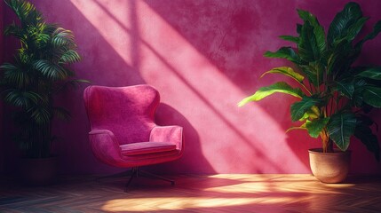 Wall Mural - Pink room with velvet chair, plants, and sunlight.