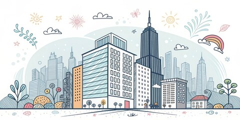 Wall Mural - cute office building with city scape, doodle art illustration background