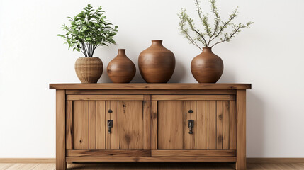 Poster - Rustic wooden sideboard in Japandi-style home decor with a round frame and vases of plants on the cabinet. Minimalist interior design against a white wall, perfect for artwork or poster display. 3D re