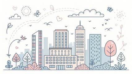 Wall Mural - cute office building with city scape, doodle art illustration background