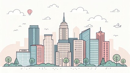 Wall Mural - cute office building with city scape, doodle art illustration background