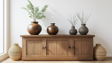 Poster - Rustic wooden sideboard in Japandi-style home decor with a round frame and vases of plants on the cabinet. Minimalist interior design against a white wall, perfect for artwork or poster display. 3D re