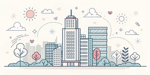 Wall Mural - cute office building with city scape, doodle art illustration background