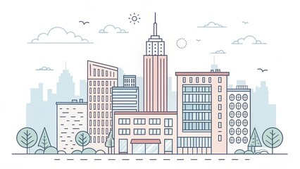 Wall Mural - cute office building with city scape, doodle art illustration background