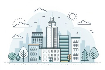 Wall Mural - cute office building with city scape, doodle art illustration background